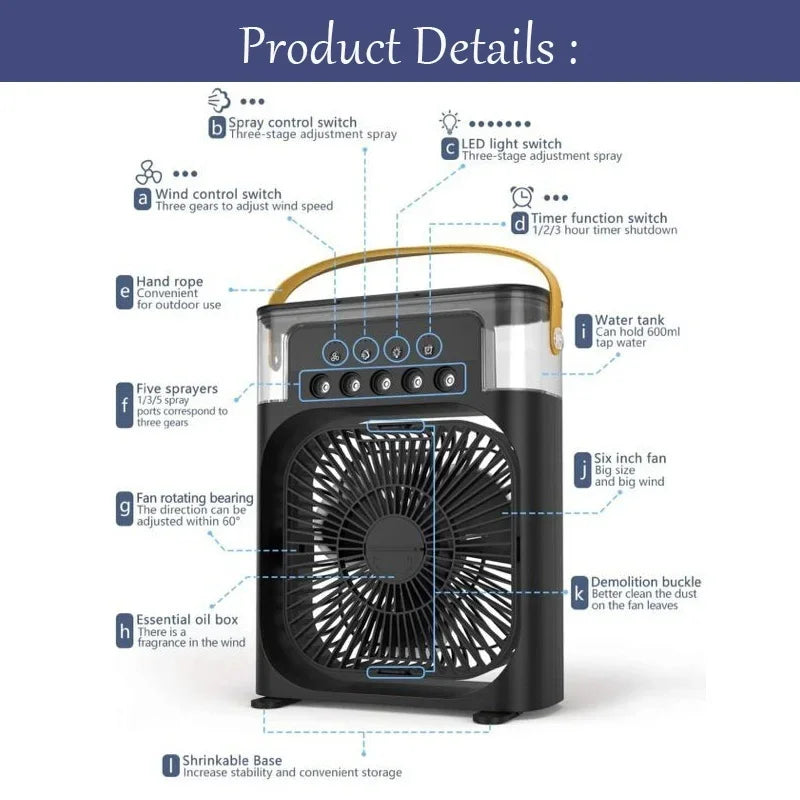 Humidifier Portable Air Conditioner Fan with 3 Wind Speed and 3 Spray Modes, Desktop Fan
