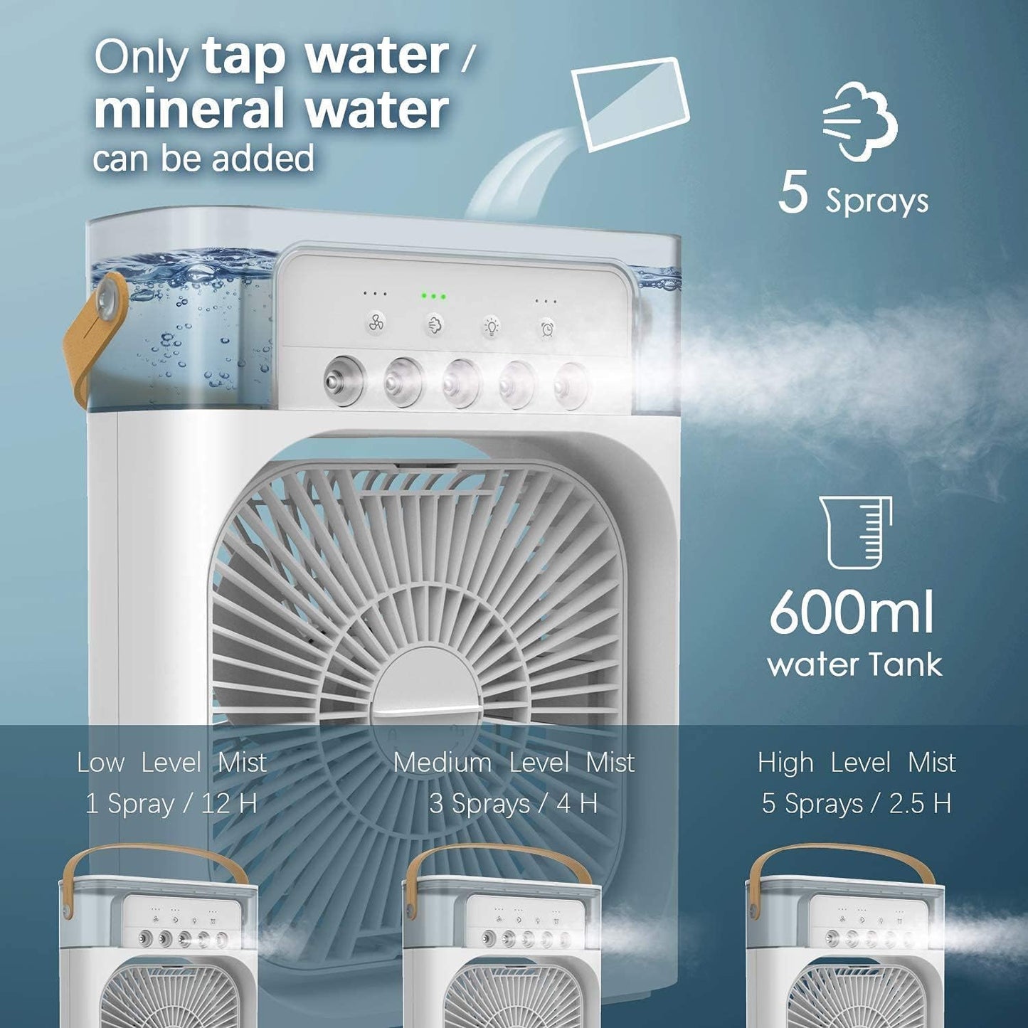 Humidifier Portable Air Conditioner Fan with 3 Wind Speed and 3 Spray Modes, Desktop Fan